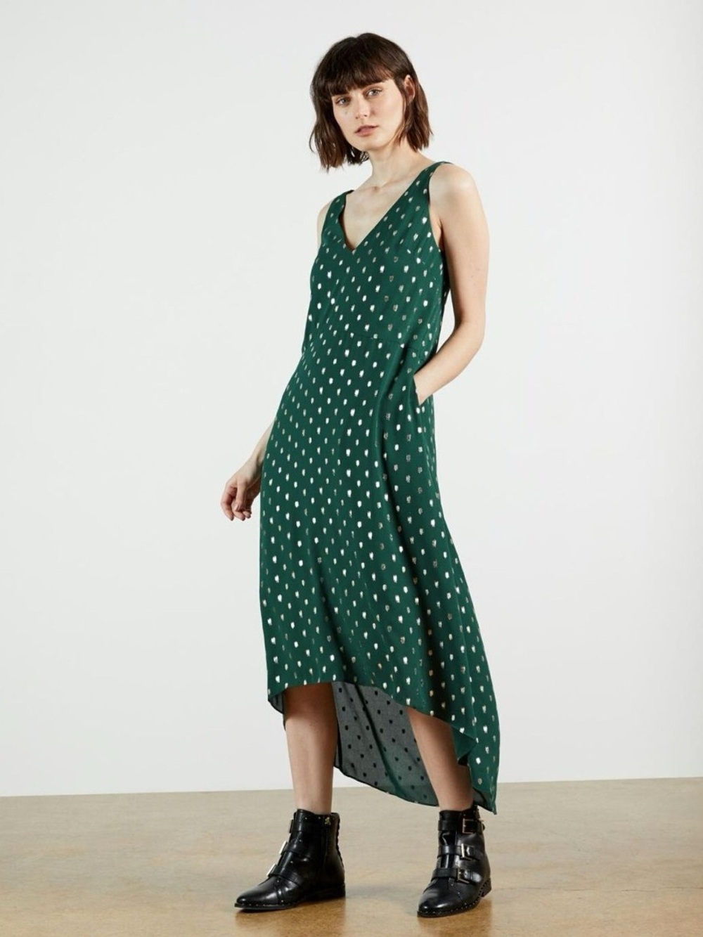 Ted Baker Printaa V Neck Waterfall Midi Dress with Pockets- Green & Gold